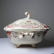 Antique Longchamp soup tureen/vegetable dish with polychrome daisies in ironstone.