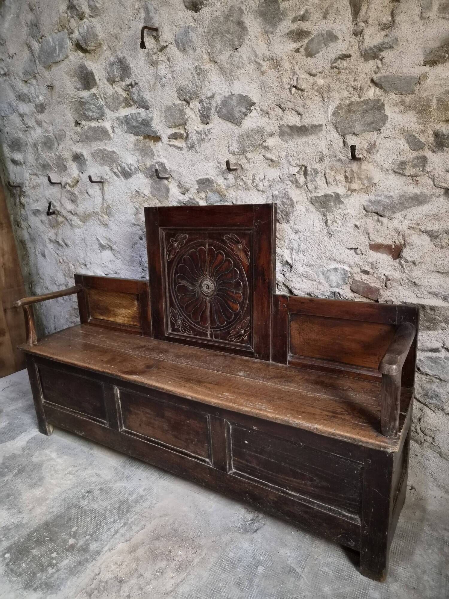 Old French popular art bench from Auvergne, circa 1800–1850