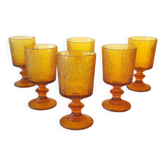 6 Vintage Amber-Colored Stemmed Glasses, 1970s Codec