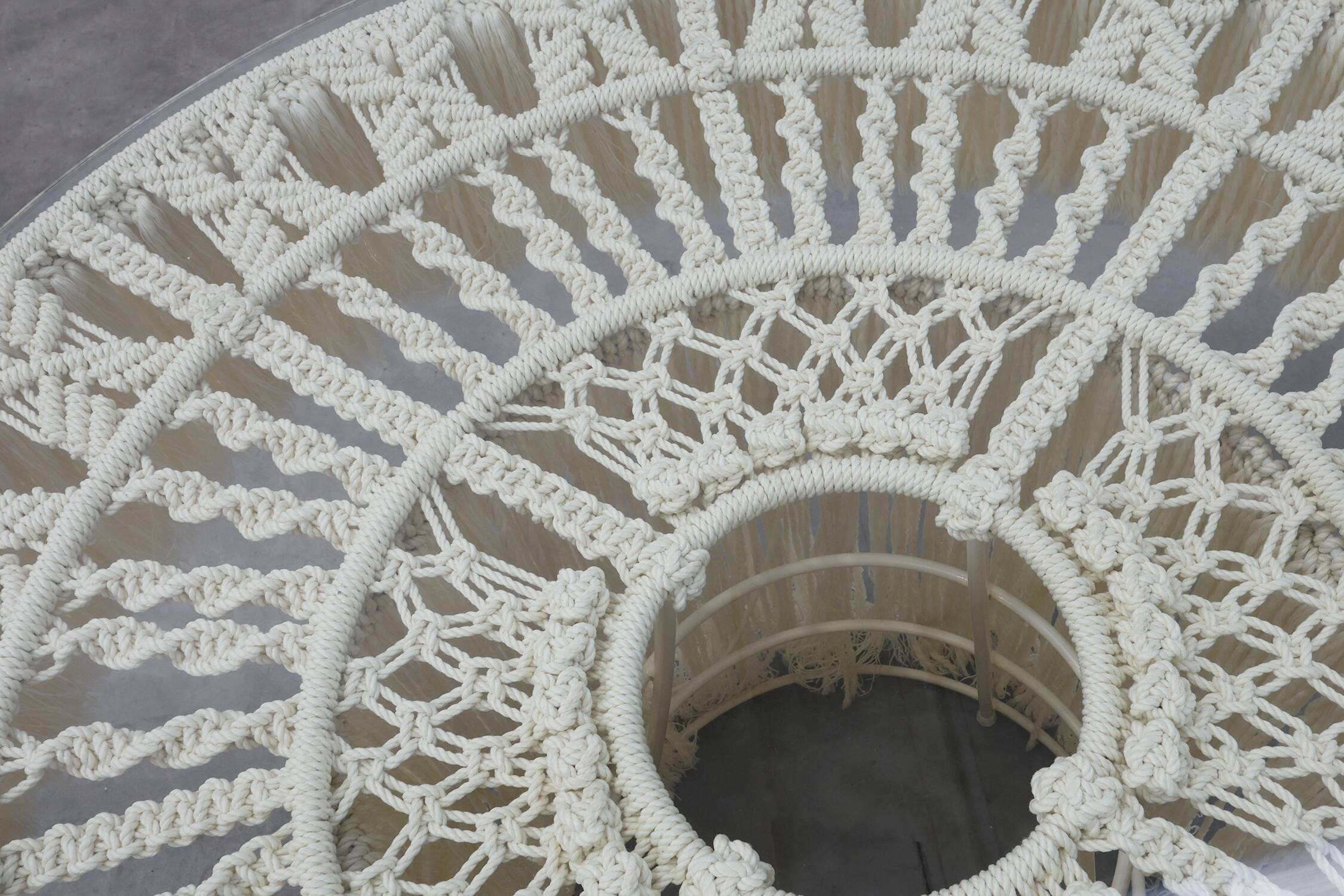 Monumental dining table with glass top and macramé, Italy