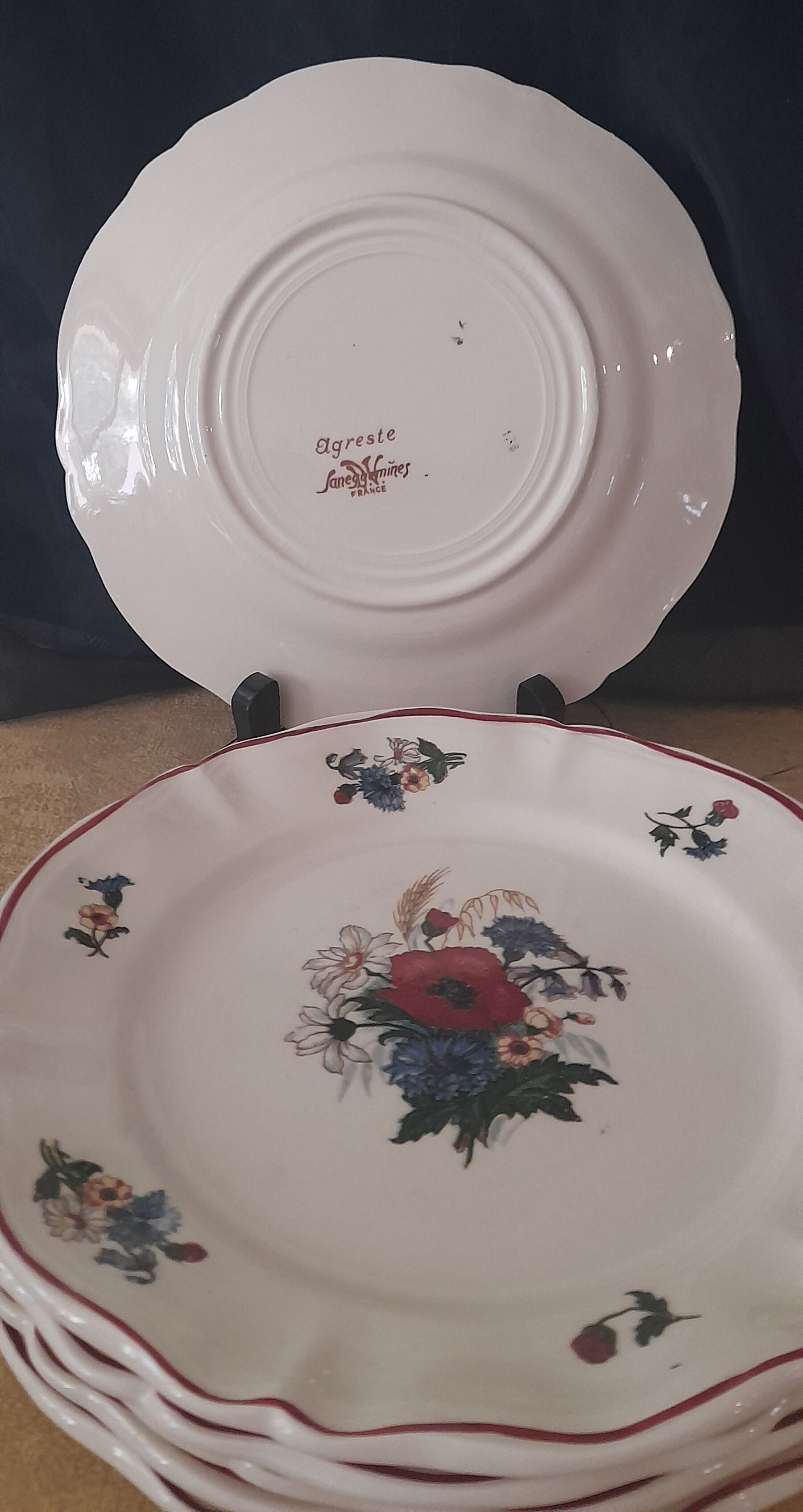 Set of 6 plates dessert model Agreste, flowers, from Sarreguemines, circa 1930