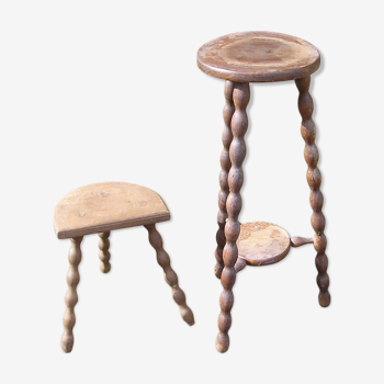 Set of a turned wooden tripod stool and harness