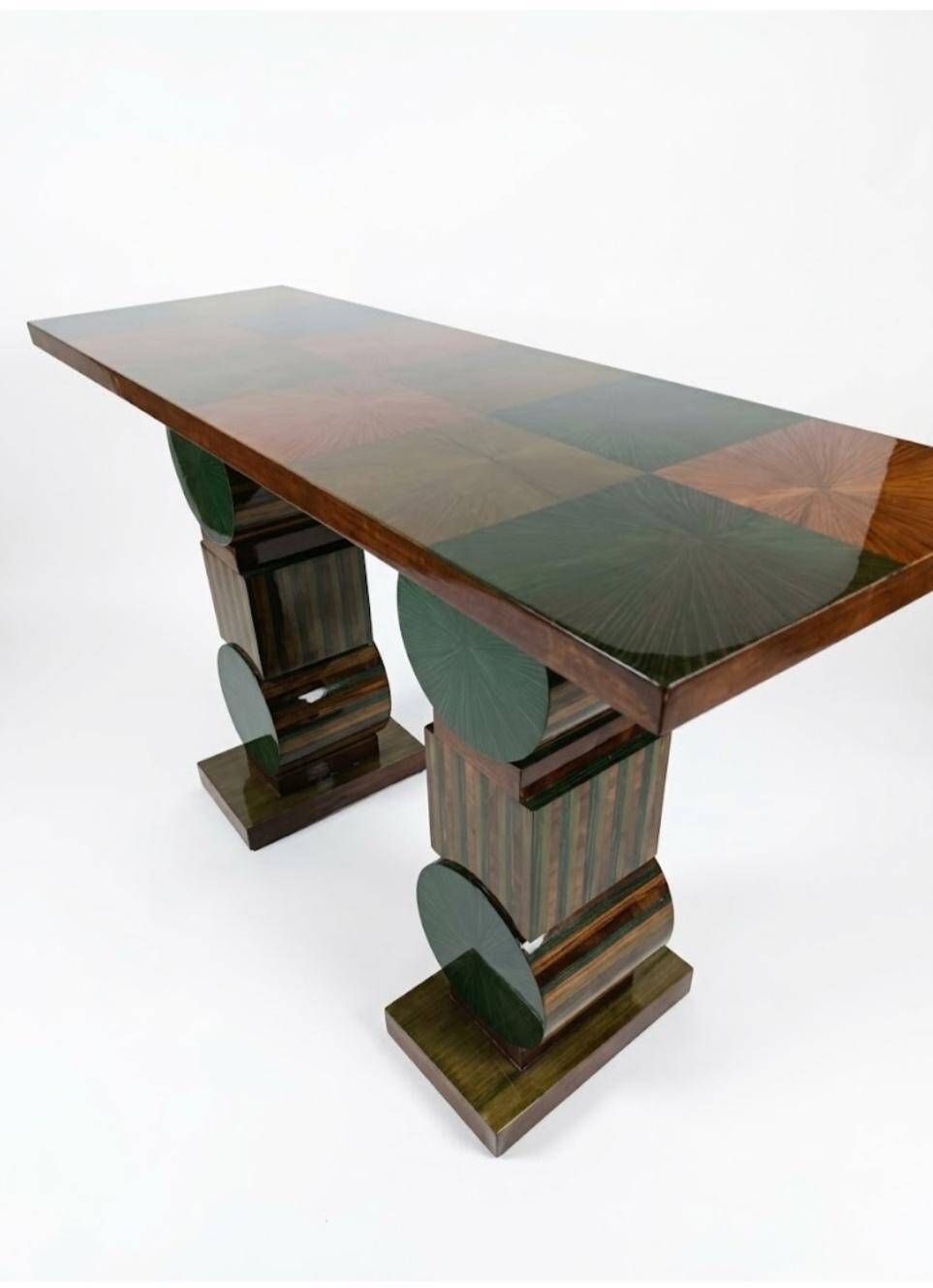 Two ragmen & an Art Deco console table in marquetry and beech.