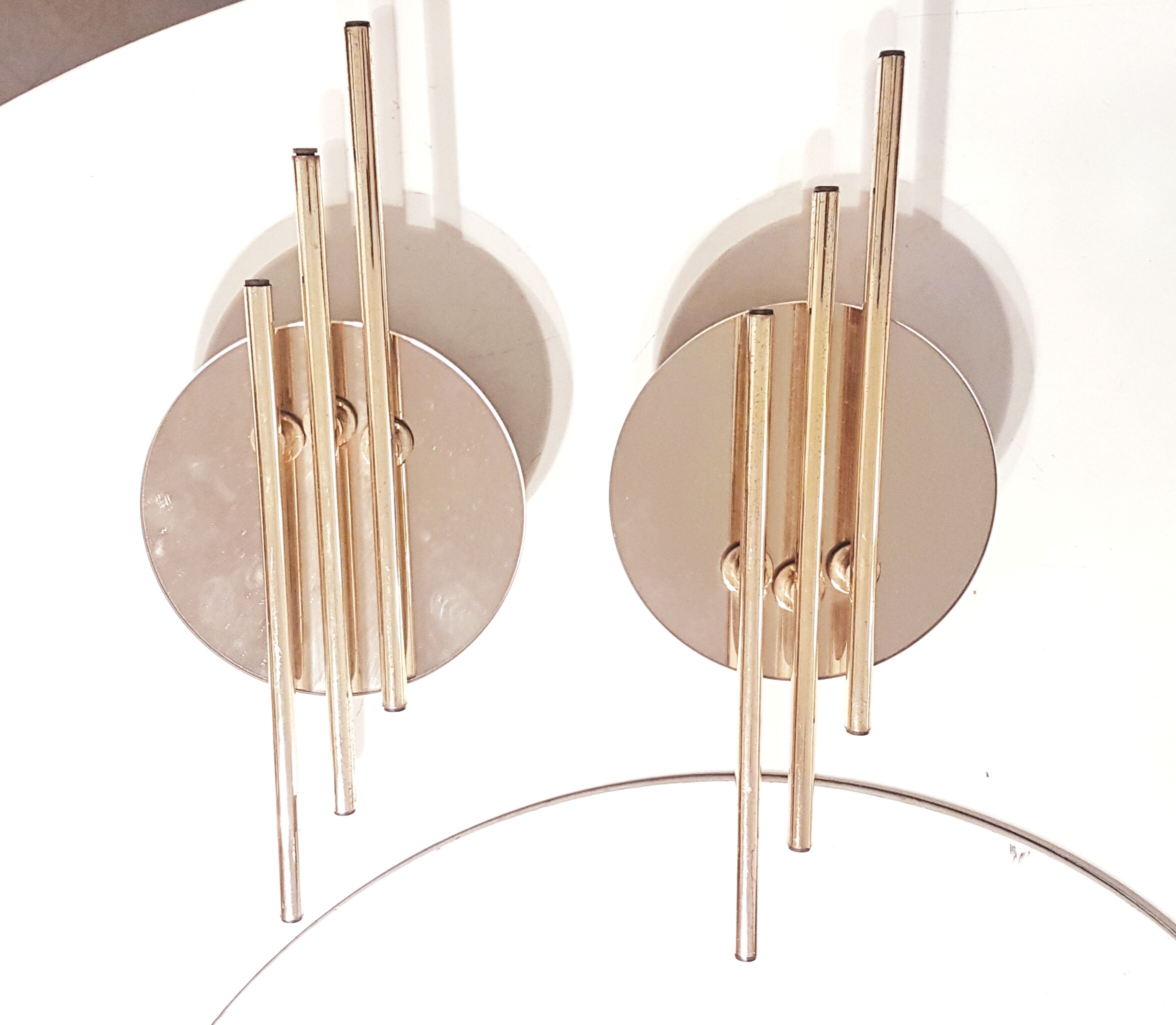 Modernist 1980s glamour mirror glass and gold wall lamps lights sconces Hollywood Regency mid centur