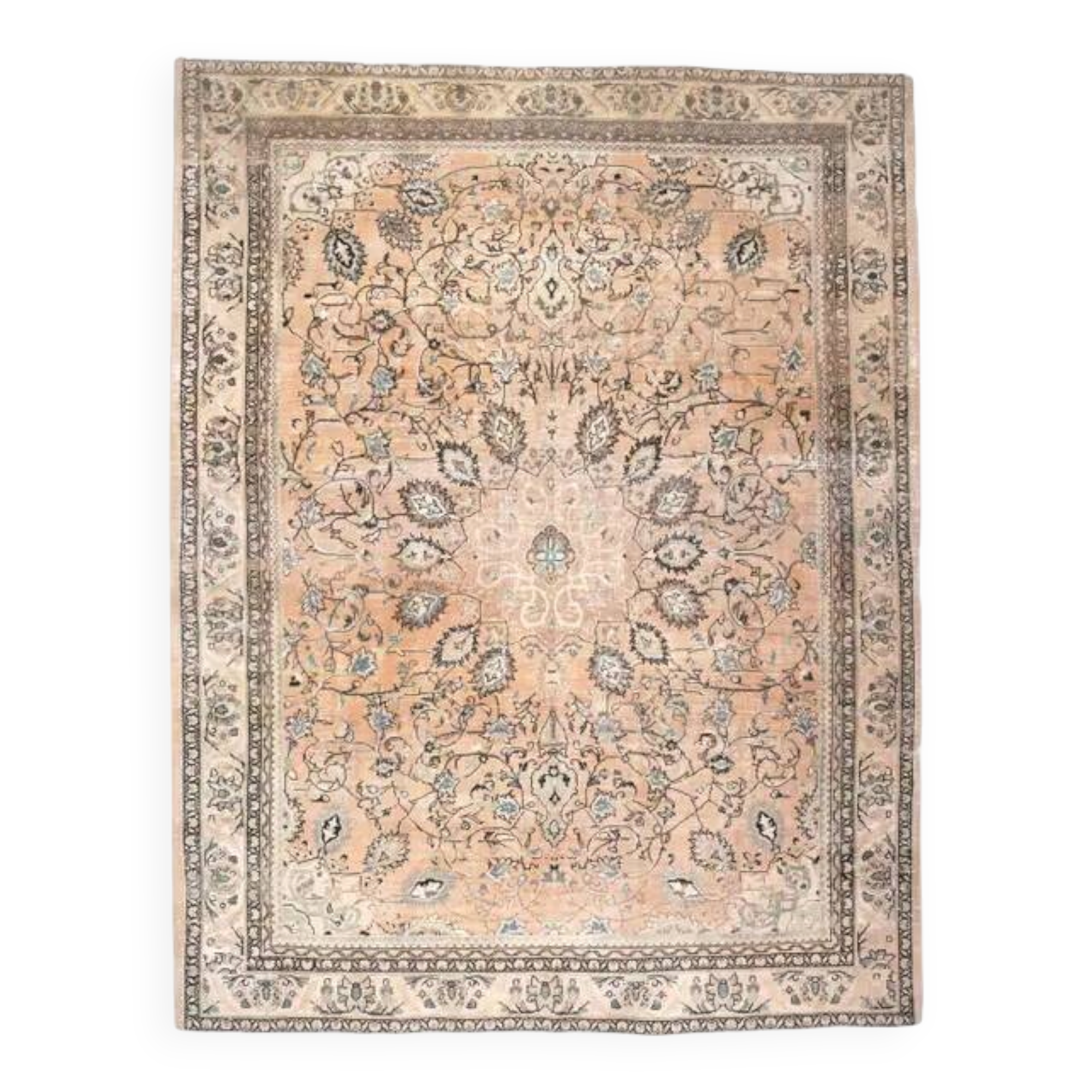 1970s Vintage Persian Handmade Wool Cotton Light Brown Area Rug 276x356