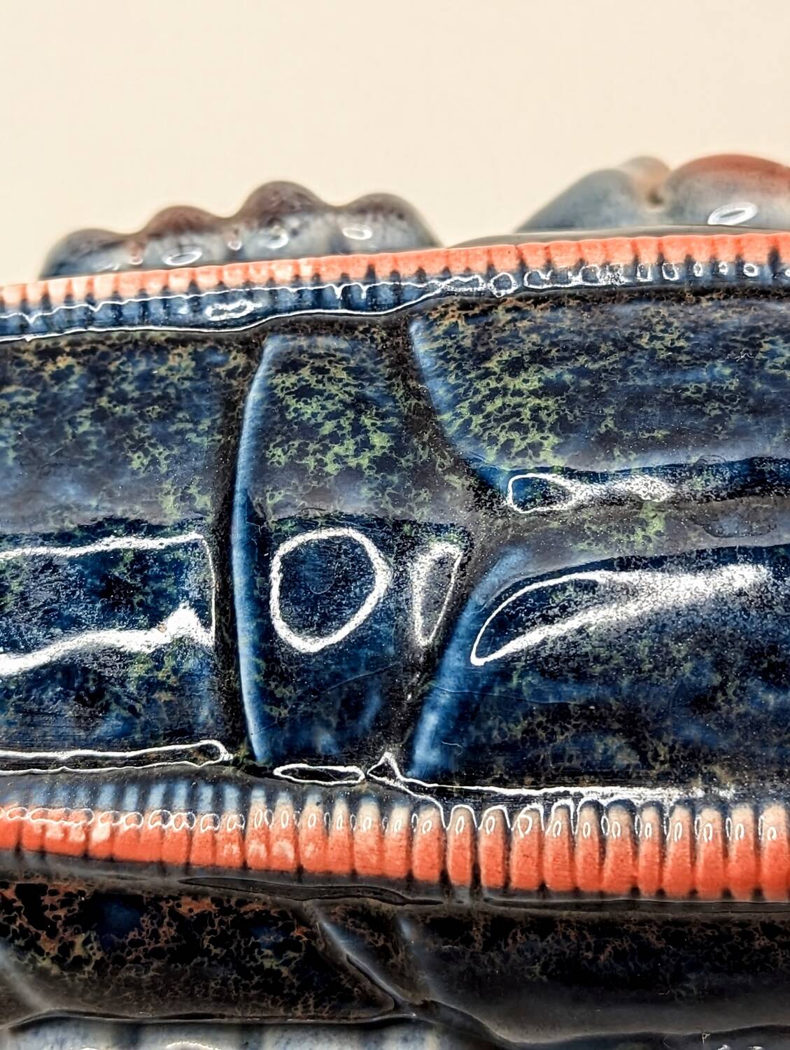 Lobster barbotine signed Michel Caugant midnight blue / coral