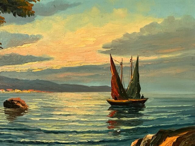Old painting HST Signed Morel Boat by the Sea