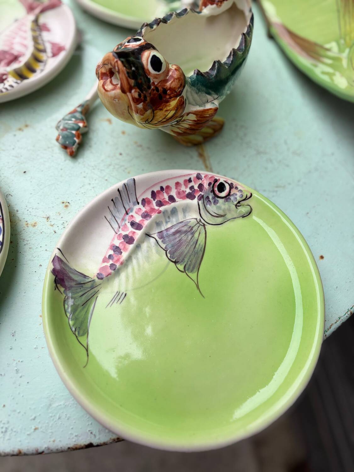 Vintage Vallauris ceramic dinnerware set. Fish design. 1960s