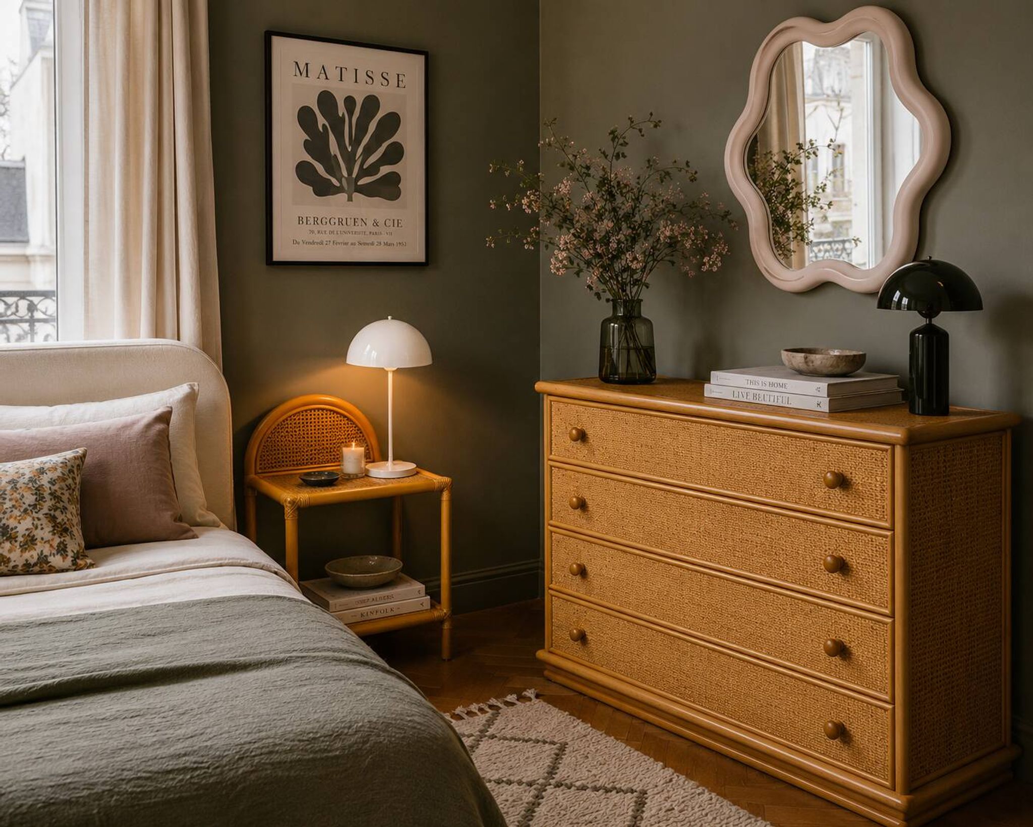 Dresser and its bedside table in rattan caning and vintage oak from the 1970s.
