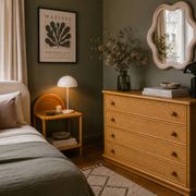 Dresser and its bedside table in rattan caning and vintage oak from the 1970s.