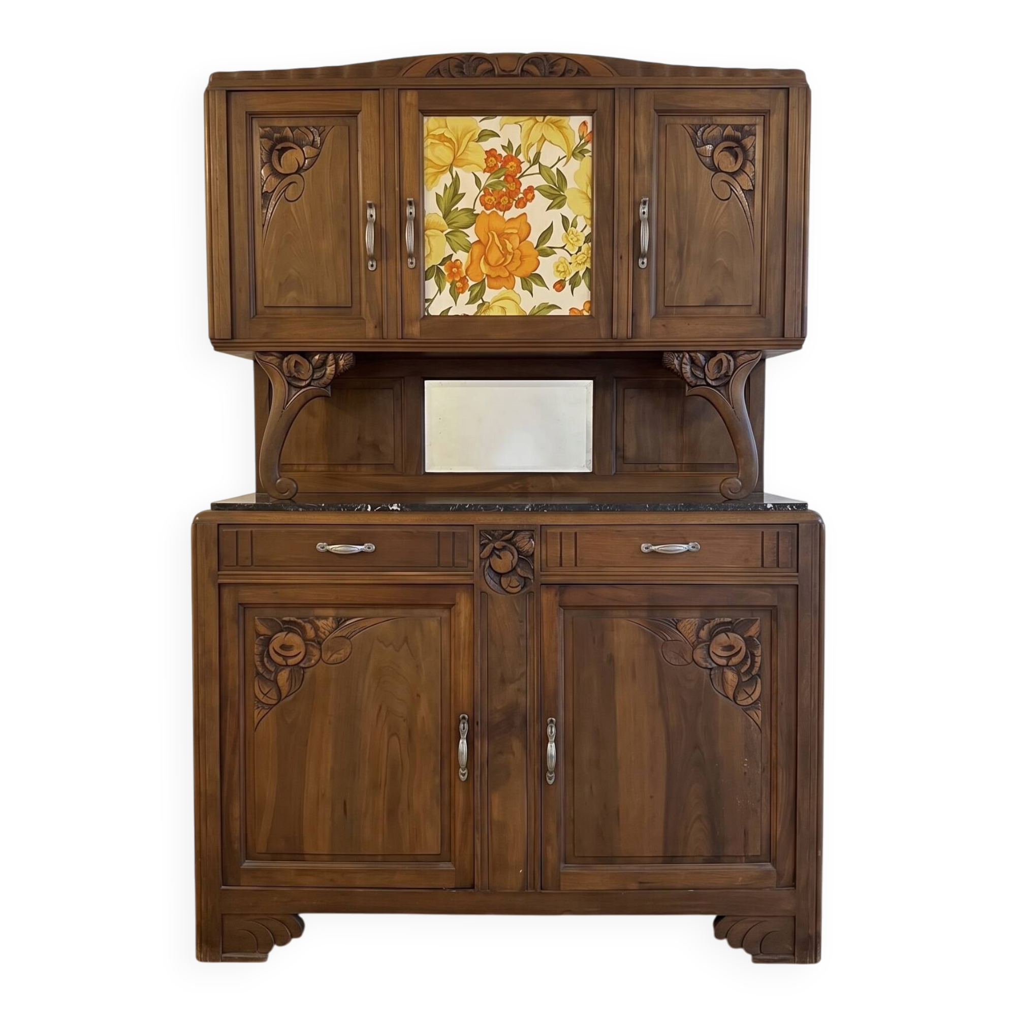 Antique Art Nouveau display cabinet in carved wood with marble top.