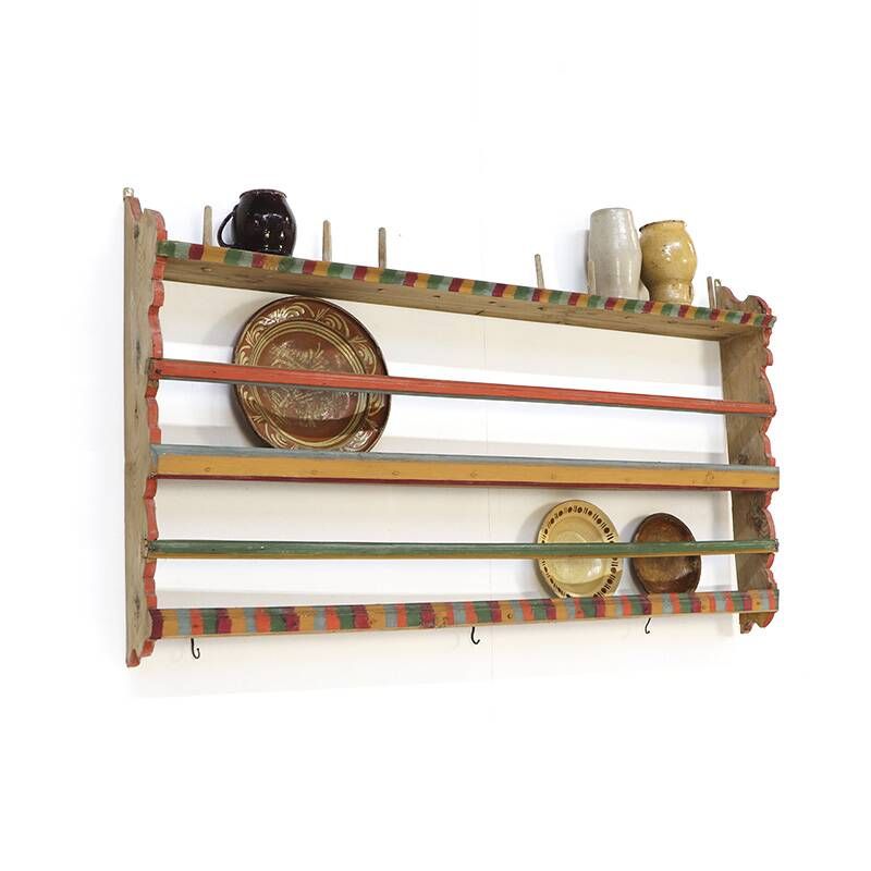 Antique Rustic Farmhouse Folk Art Painted Kitchen Plate Rack / Wall Shelve
