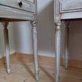 Pair of patinated bedside tables. Three drawers. End tables.