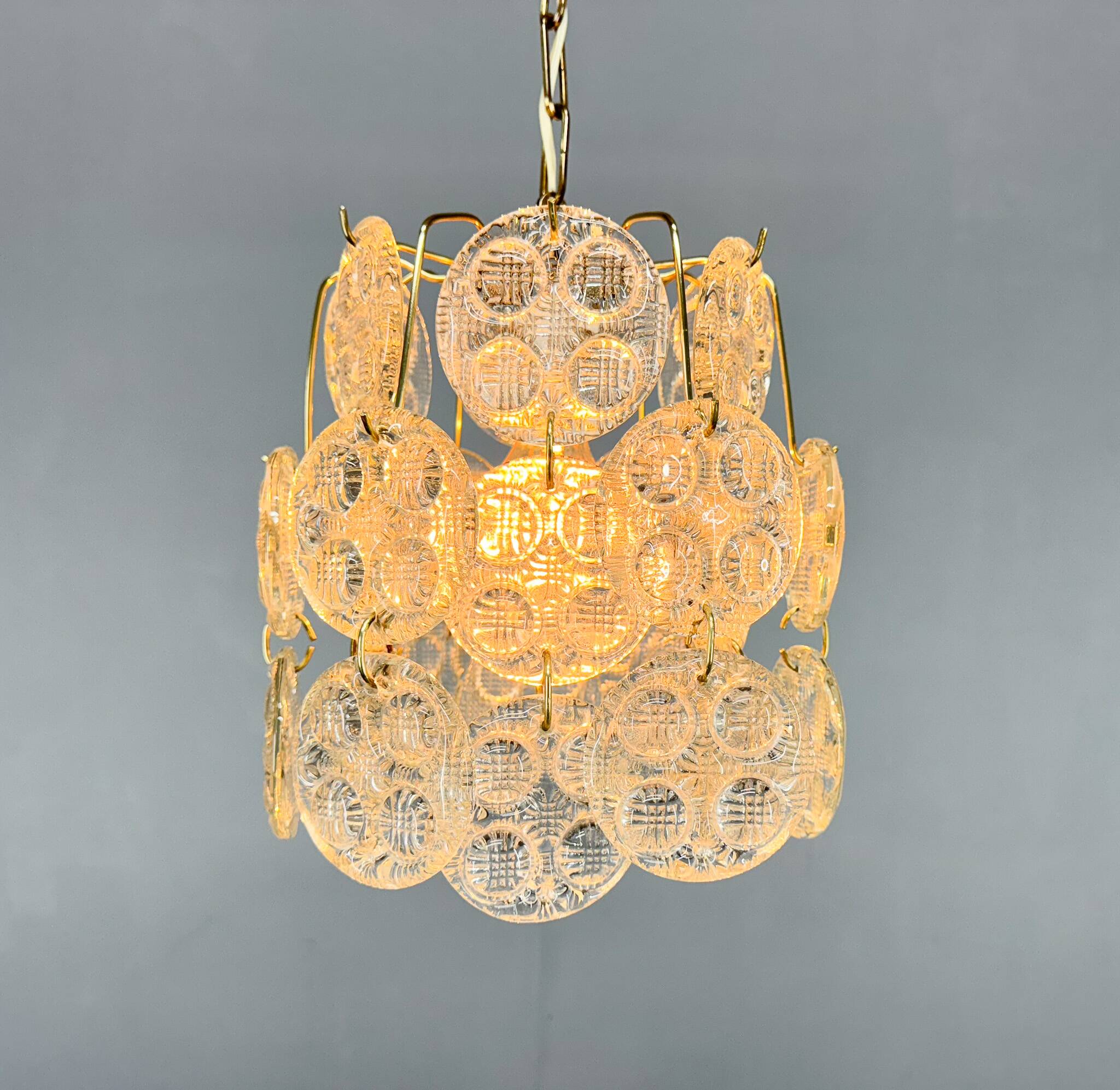 1970s Brass & Pressed Glass Chandelier, Czechoslovakia