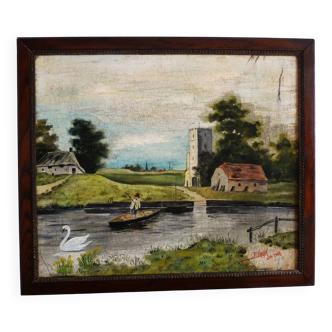 Peinture ancienne de paysage  / tableau encadré huile paysage de campagne.