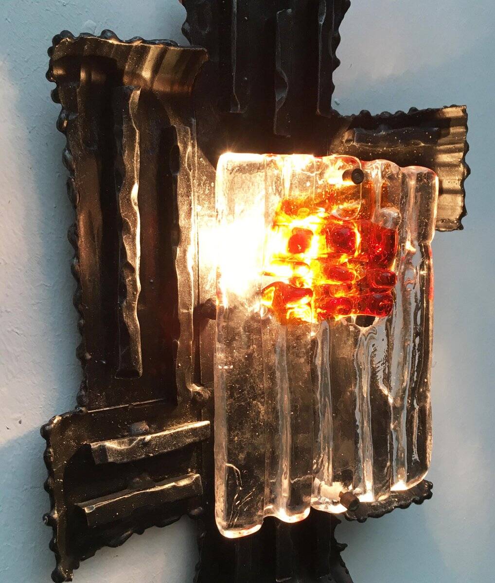 Vintage Italian brutalist wrought iron wall lamp by Albano Poli for Poliarte, set of 4.