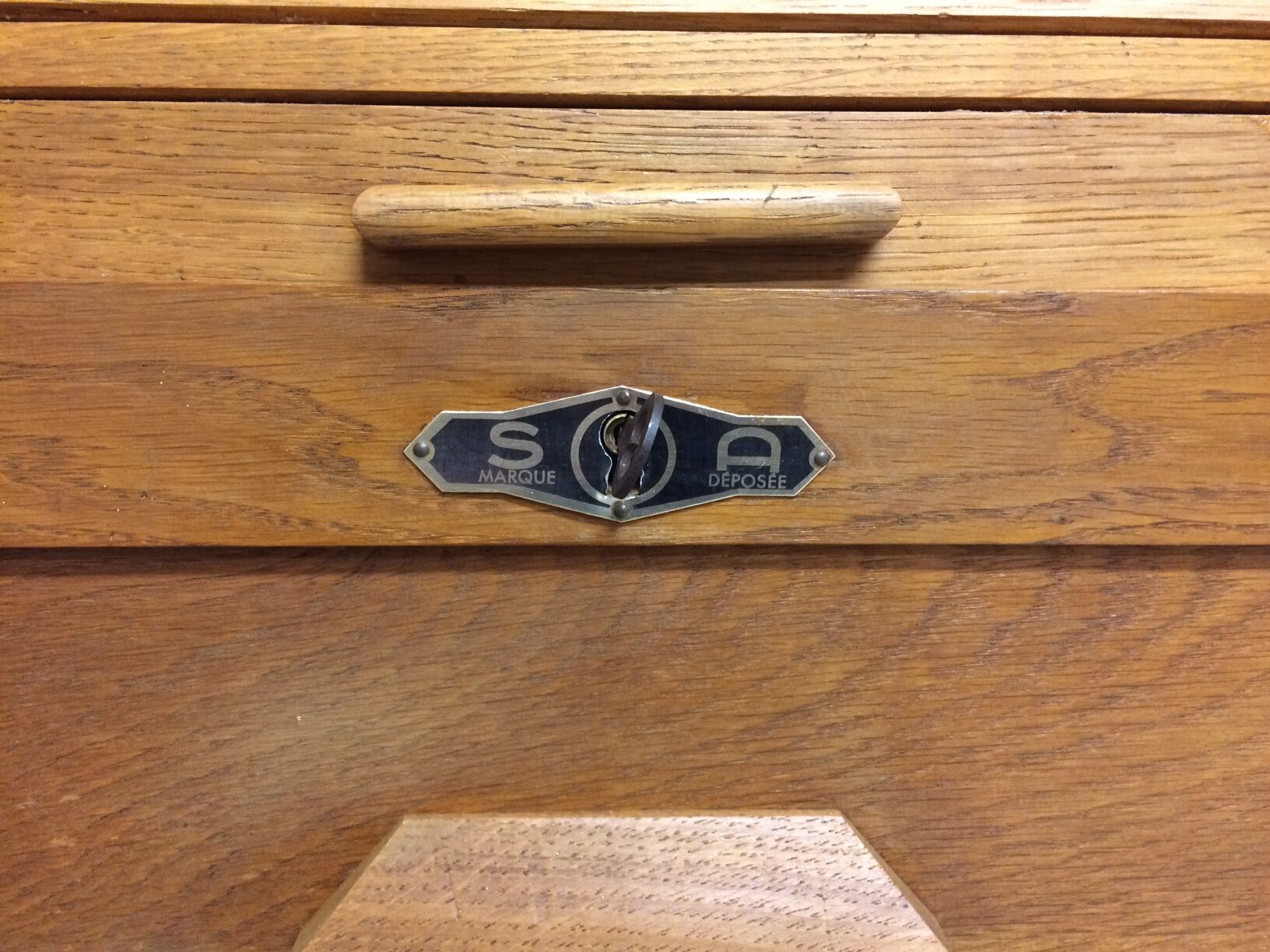 Old curtain oak wheeled box 1950