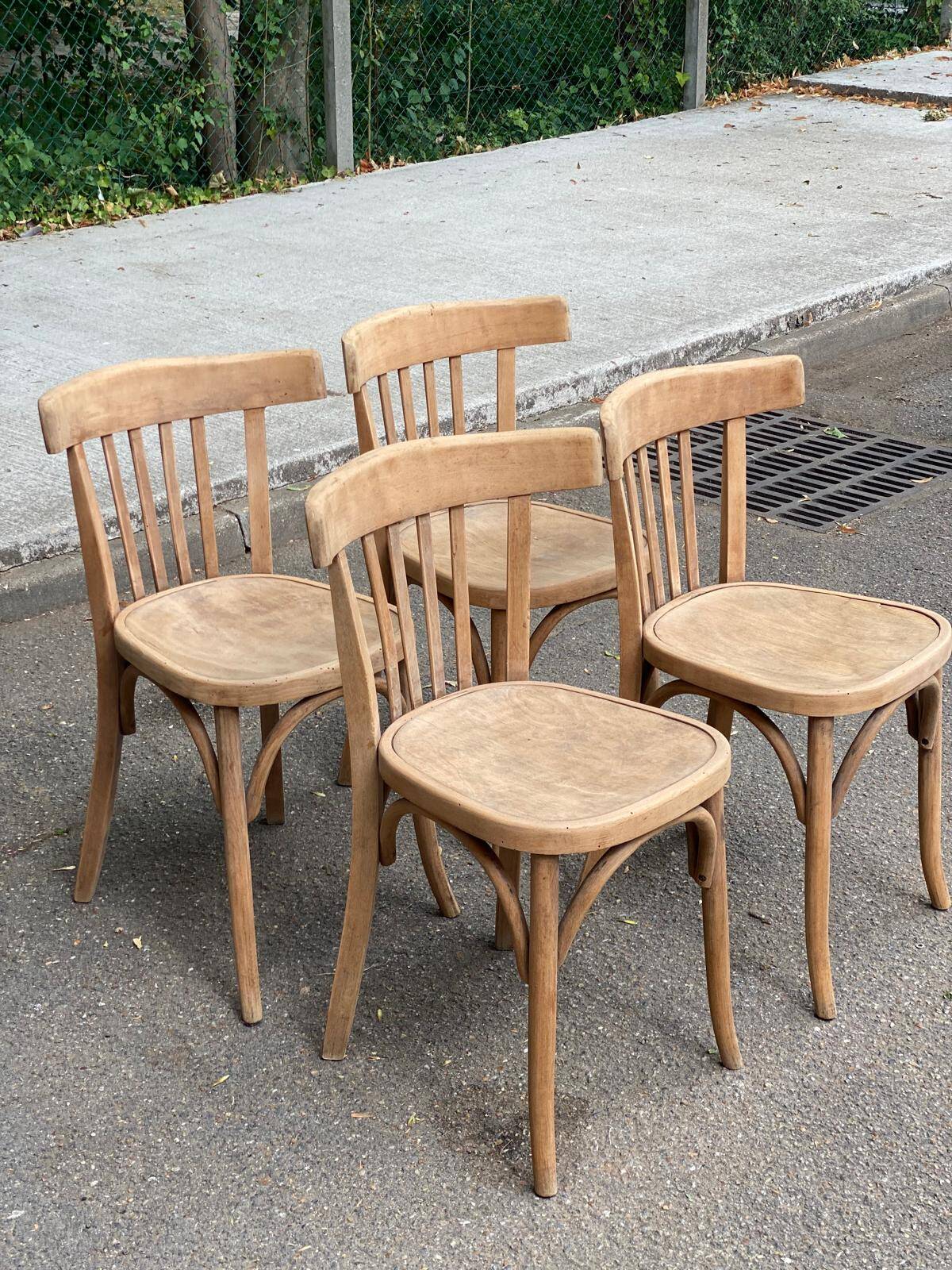 4 stripped bistro chairs in bent wood signed Fischel 1920