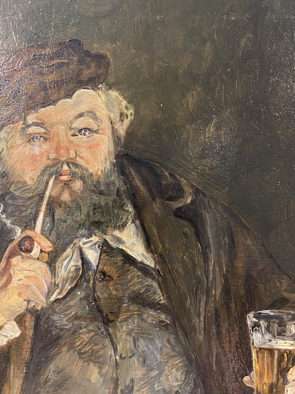 Old painting, portrait of a man with a pipe, signed and dated 57