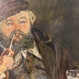 Old painting, portrait of a man with a pipe, signed and dated 57