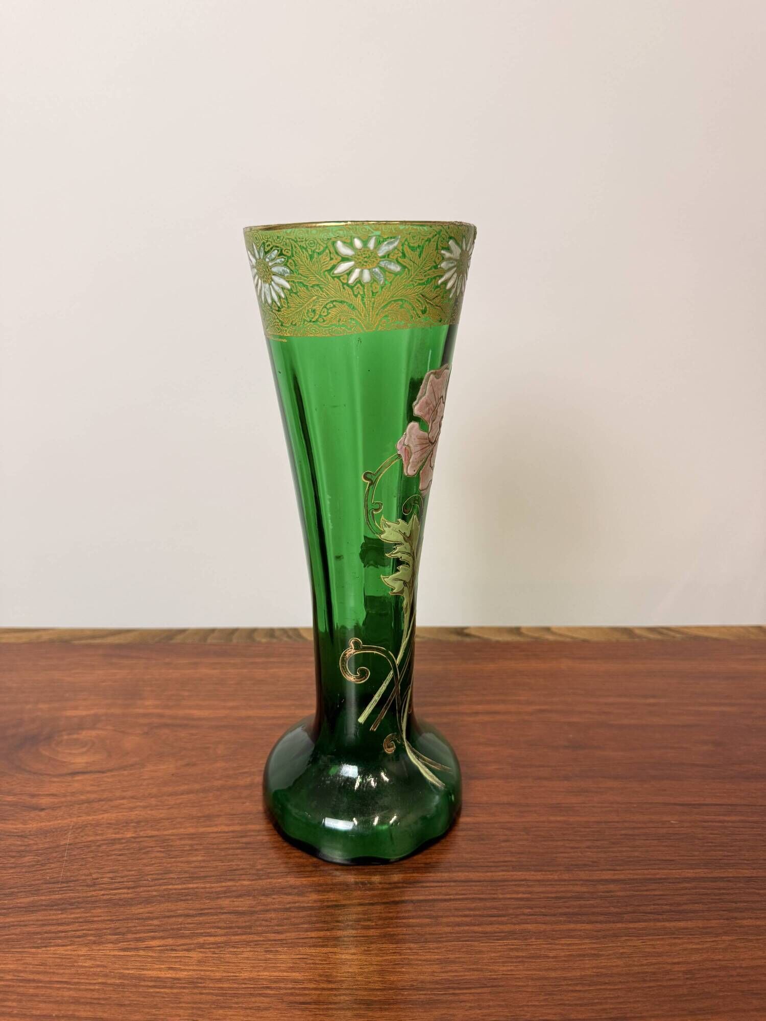 Antique Legras vase – Emerald green glass with floral gold enamel – Art Nouveau