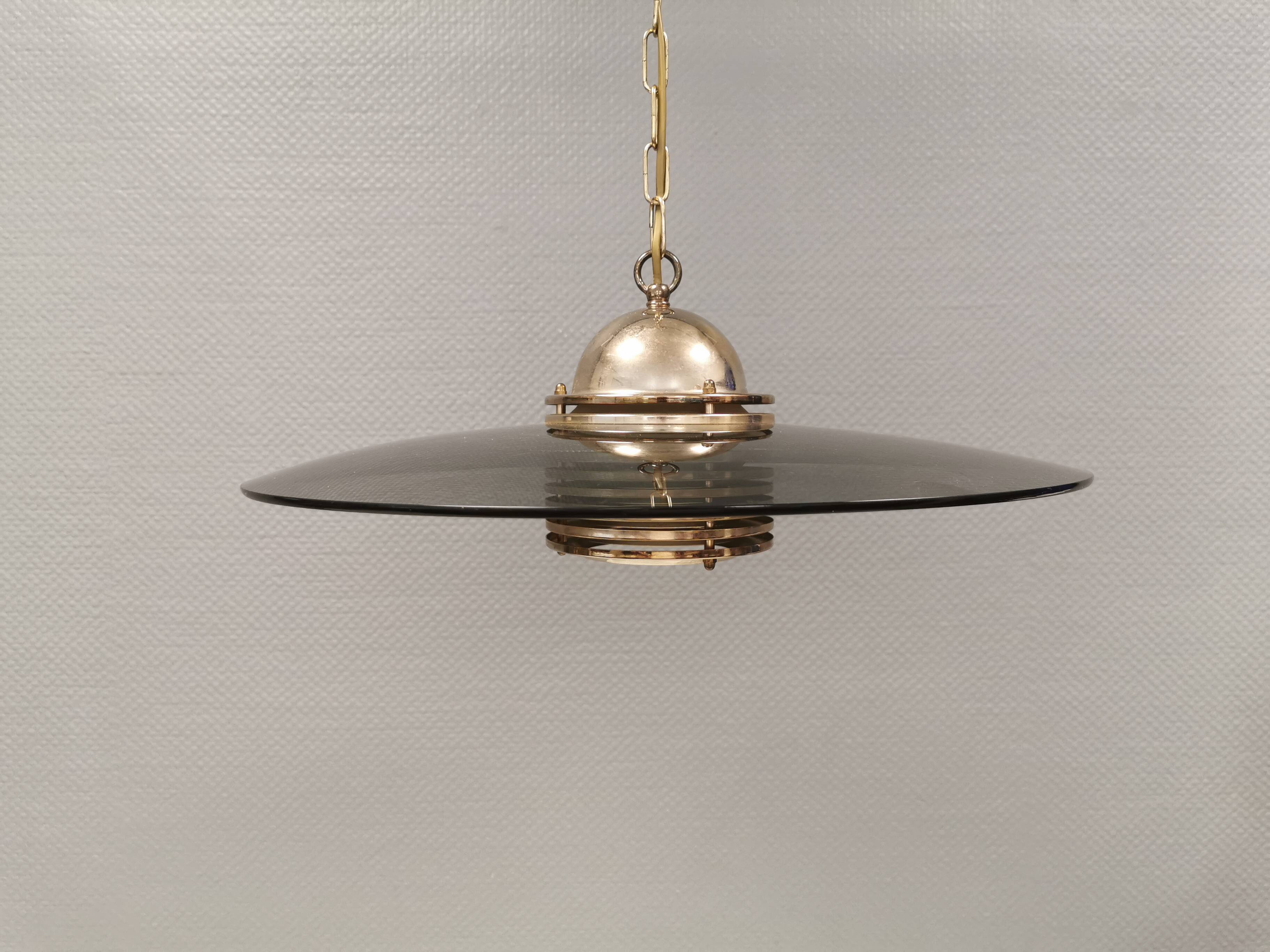 Original Belid T 391 pendant light in gold-coloured metal and smoked glass