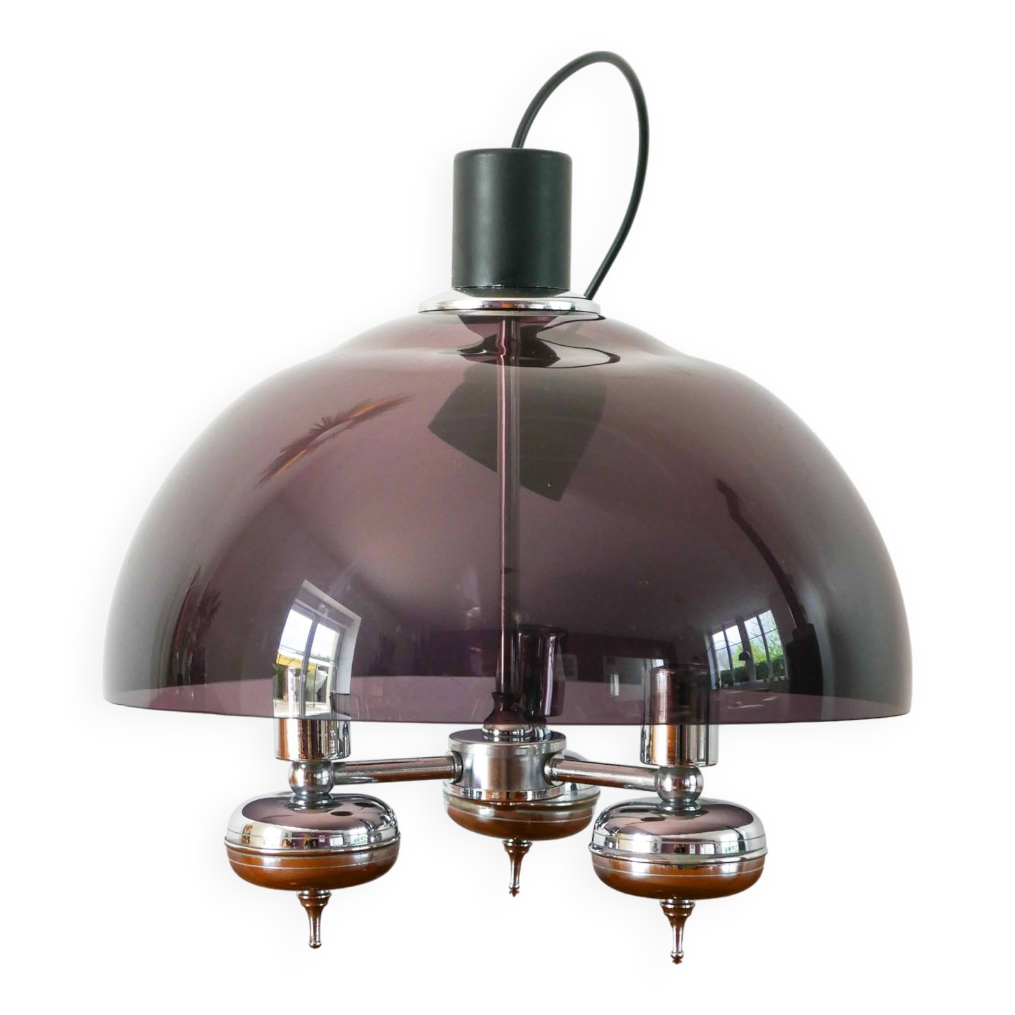 Three-branched chandelier in smoked plexi and chrome, Space Age, 1970