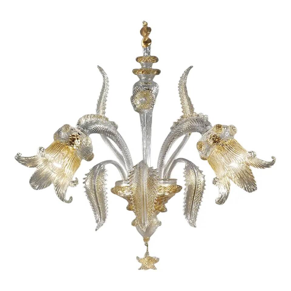 Luxury Italian Clear and Gold-Leaf Wall Sconce R With Flowers and Leaves Mu