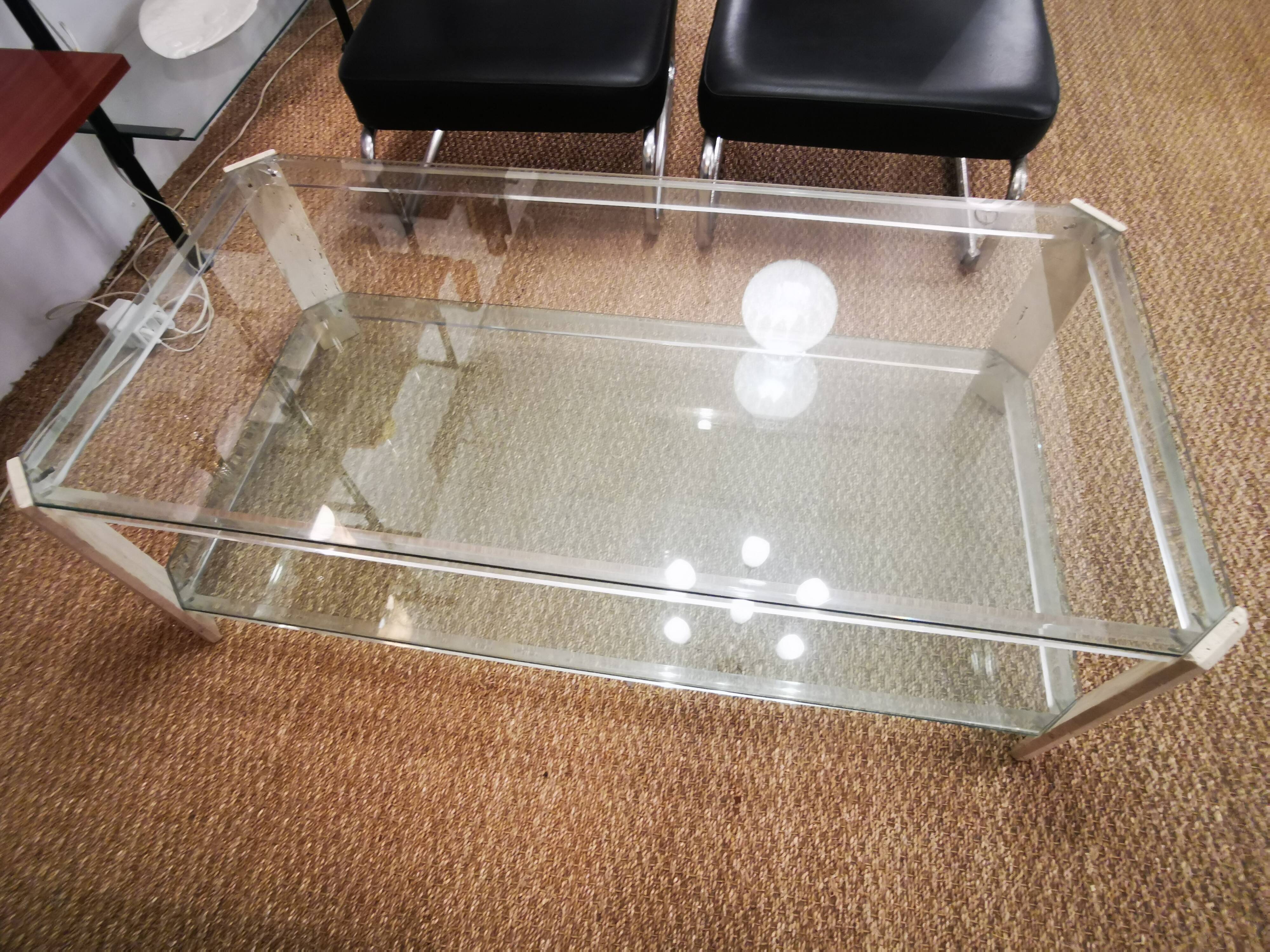 Italian travertine, perspex and glass coffee table, circa 1970