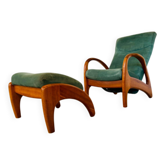 Vintage Danish Holserbro Møbelfabrik Lounge Chair & Stool in Green Suede