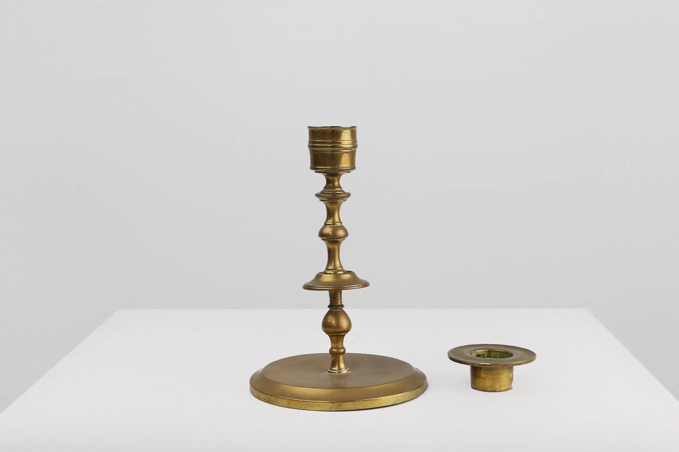 Antique Flemish Copper Disc Candlestick, 15th Century