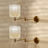 Pair of vintage scandinavian wall lamps 60 years white brass opaline