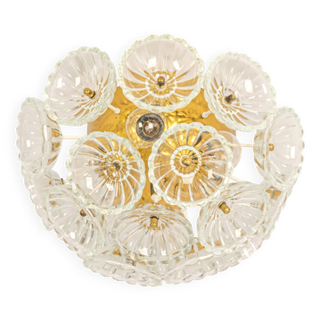 Plafonnier Sputnik en verre floral et laiton, Allemagne, années 1960.
