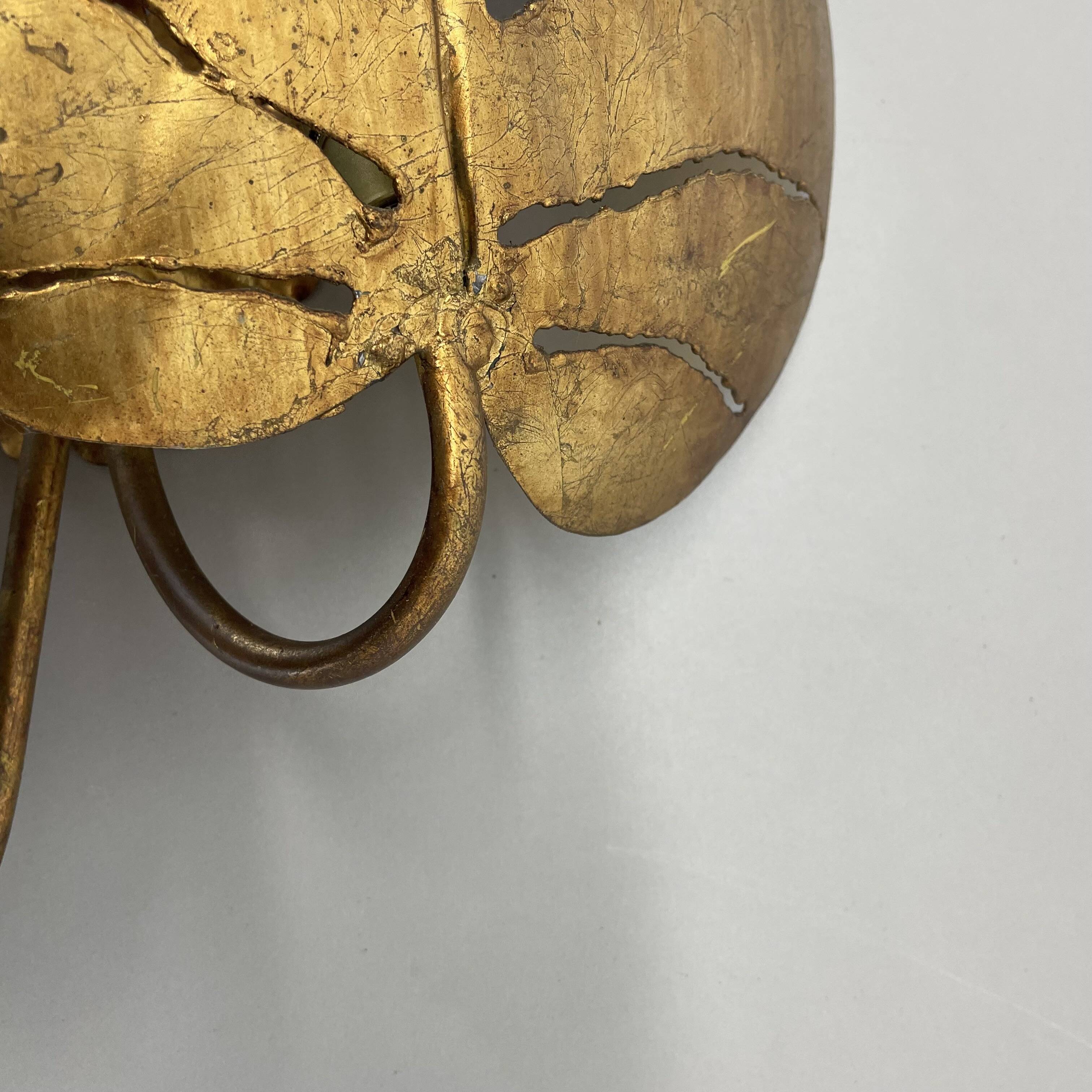 Golden metal "monstera" leaf wall light sconce, france, 1970s