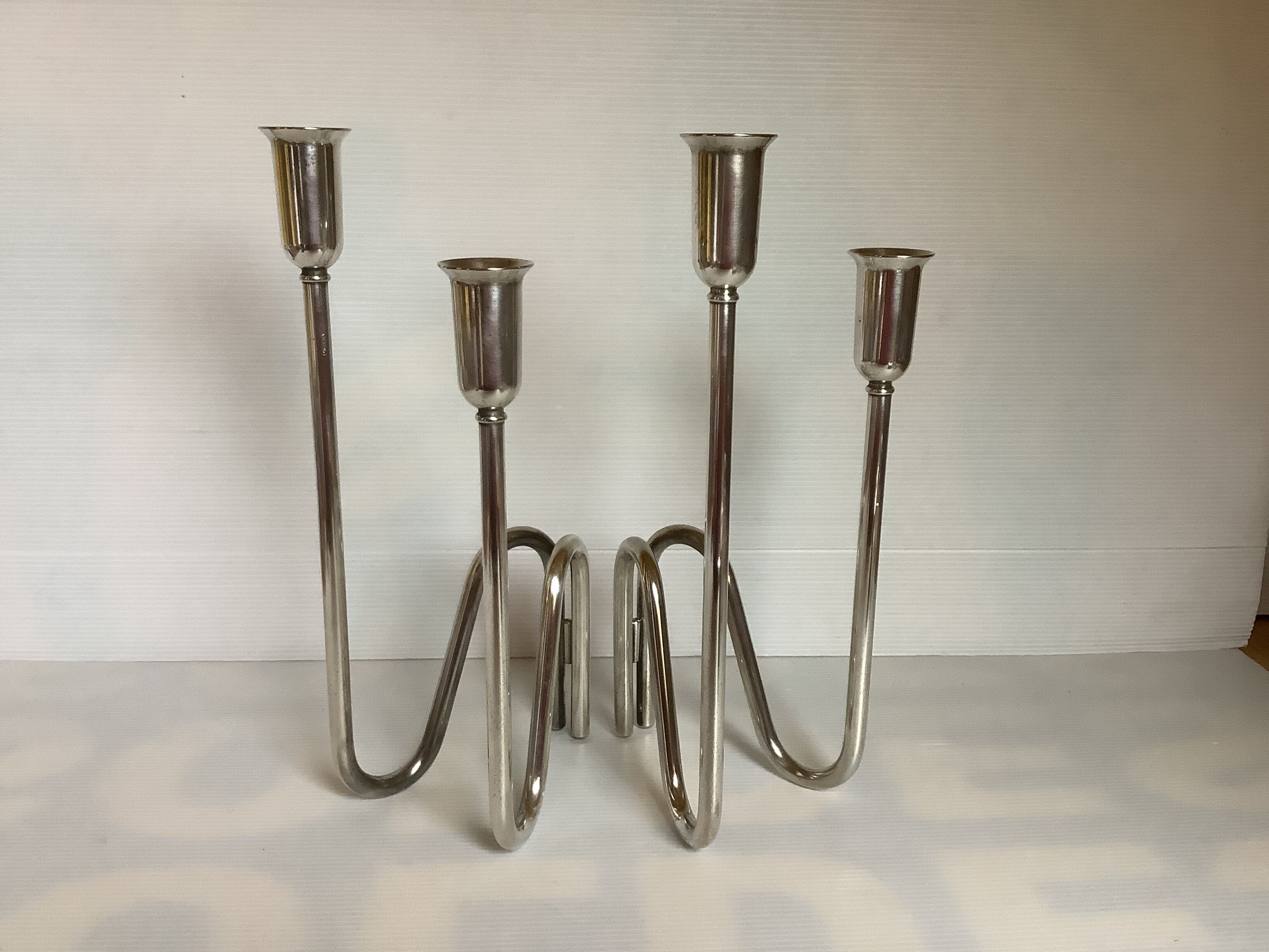 Pair of modernist candle holders silver metal PM Italy