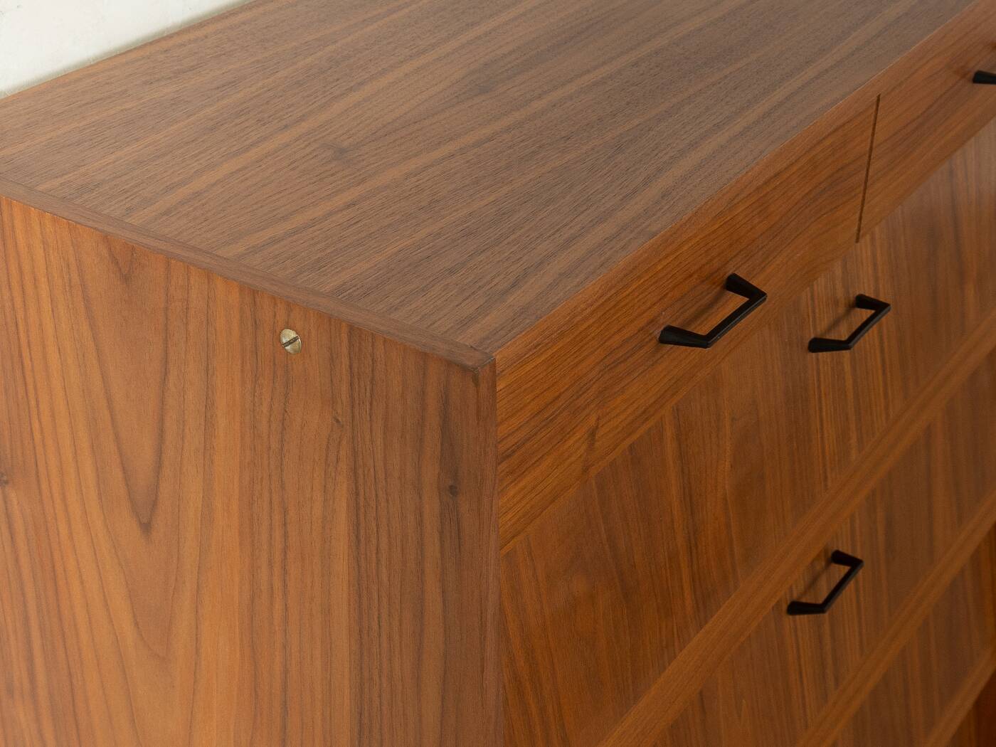 Classic shoe cabinet from the 1960s, walnut veneer, four drop-down doors, two drawers