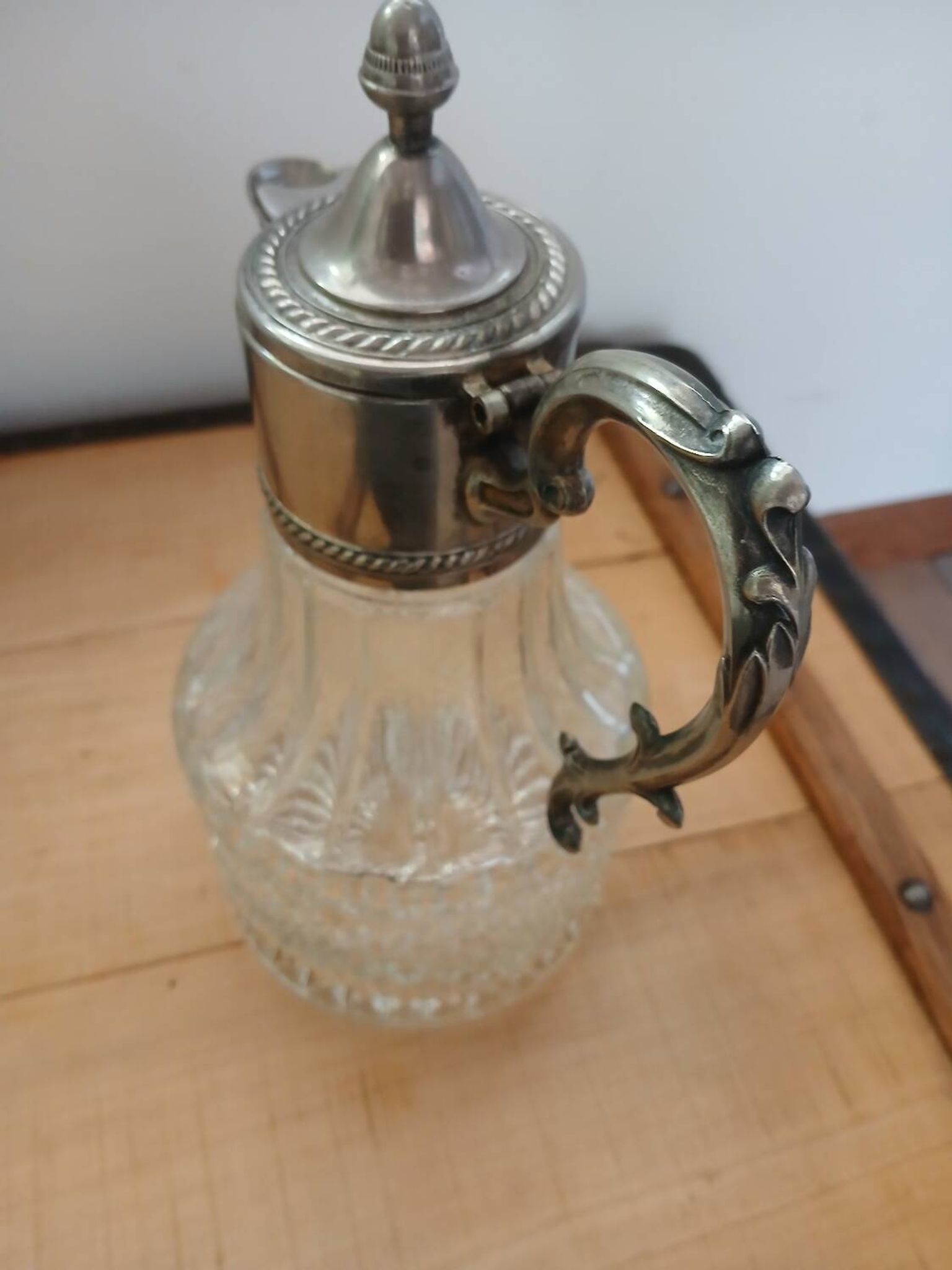 Antique pewter and glass carafe