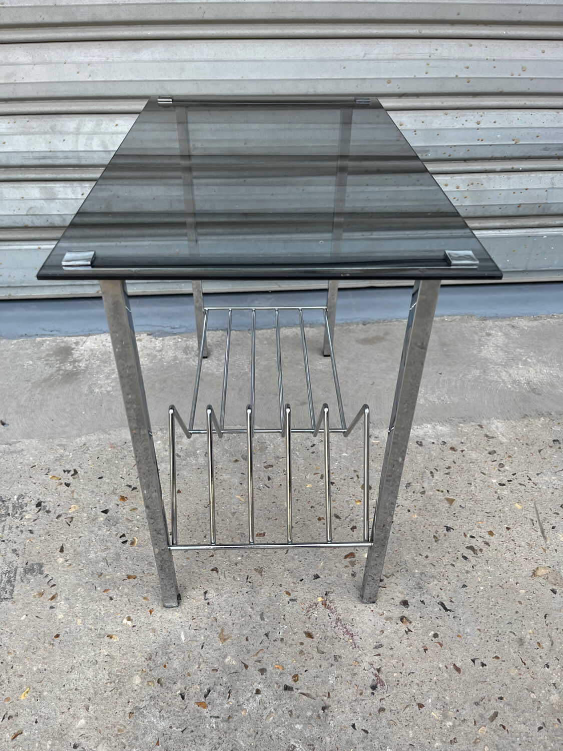Coffee table, vinyl storage or metal and smoked glass occasional furniture