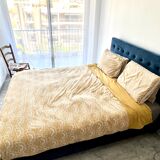 Adult bed 160x200 with dark duck blue velvet upholstered headboard