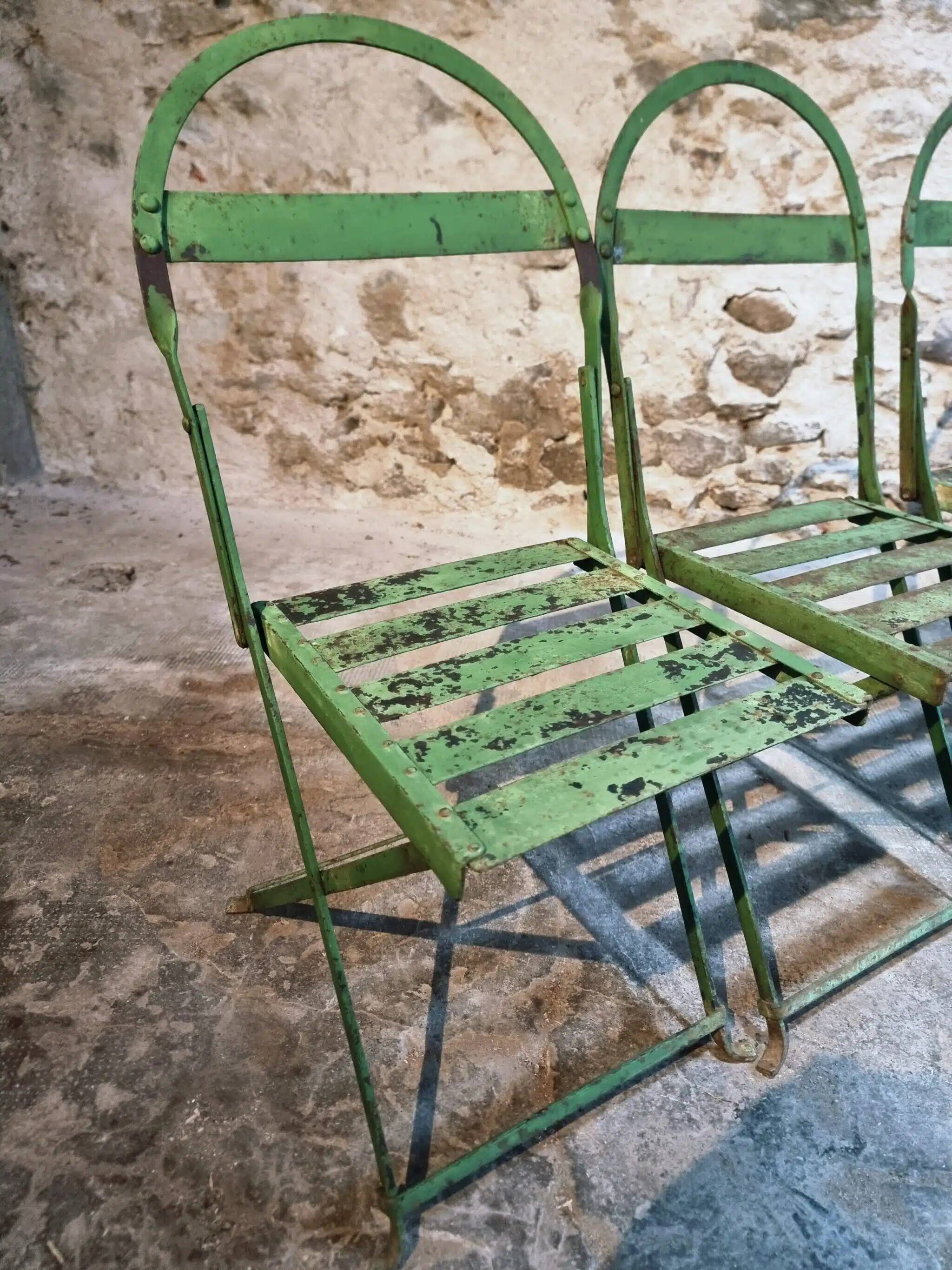 Set of 4 Antique Iron Folding Garden Chairs - 1920s Riveted Bistro Chairs with Aged Green Patina