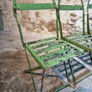 Set of 4 Antique Iron Folding Garden Chairs - 1920s Riveted Bistro Chairs with Aged Green Patina