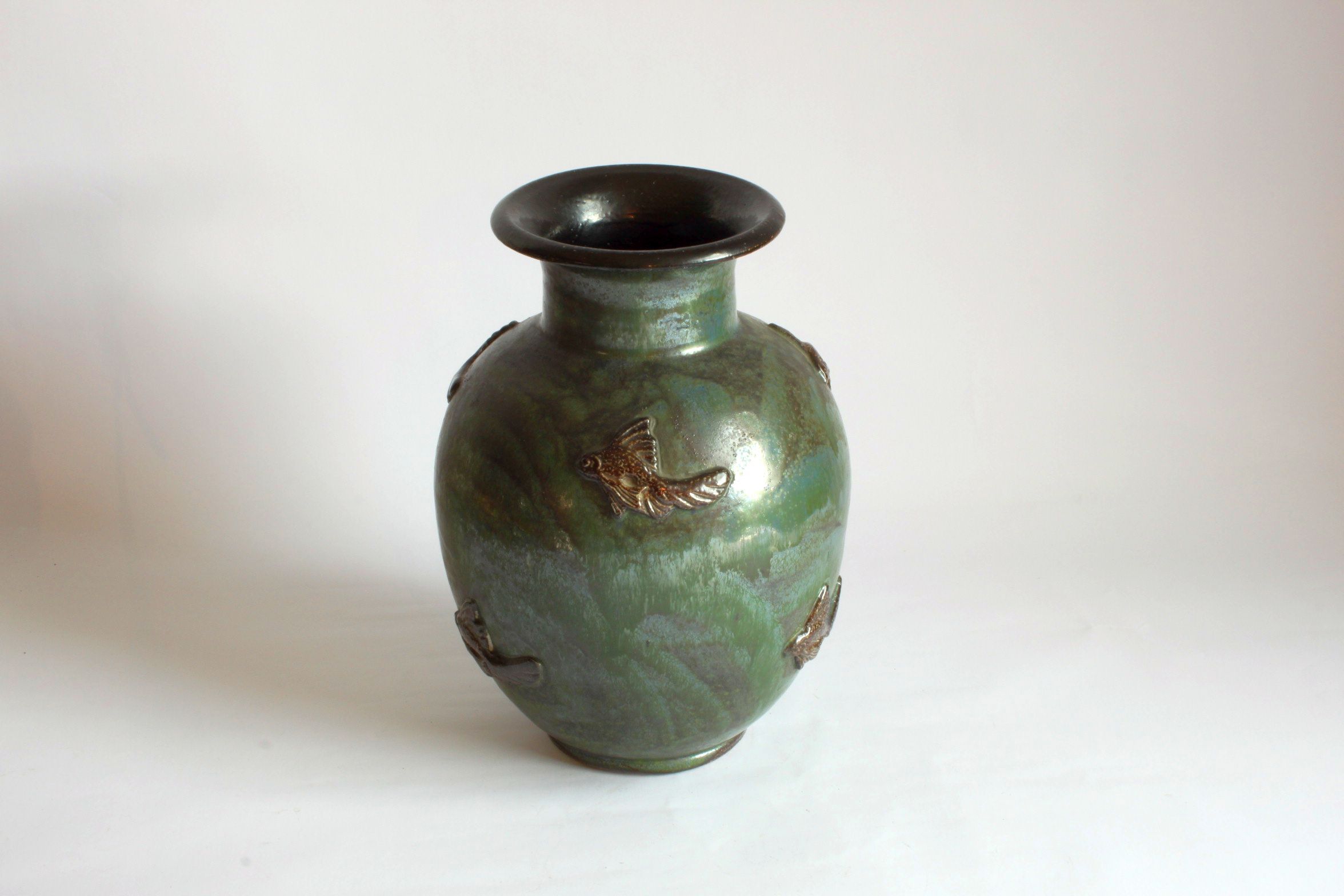 Art Deco Stoneware Vase with Fish Reliëf by Roger Guerin, Belgium, 1920s