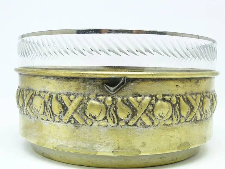 Art Deco sugar bowl, silver-plated brass, glass, Poland, 1930s