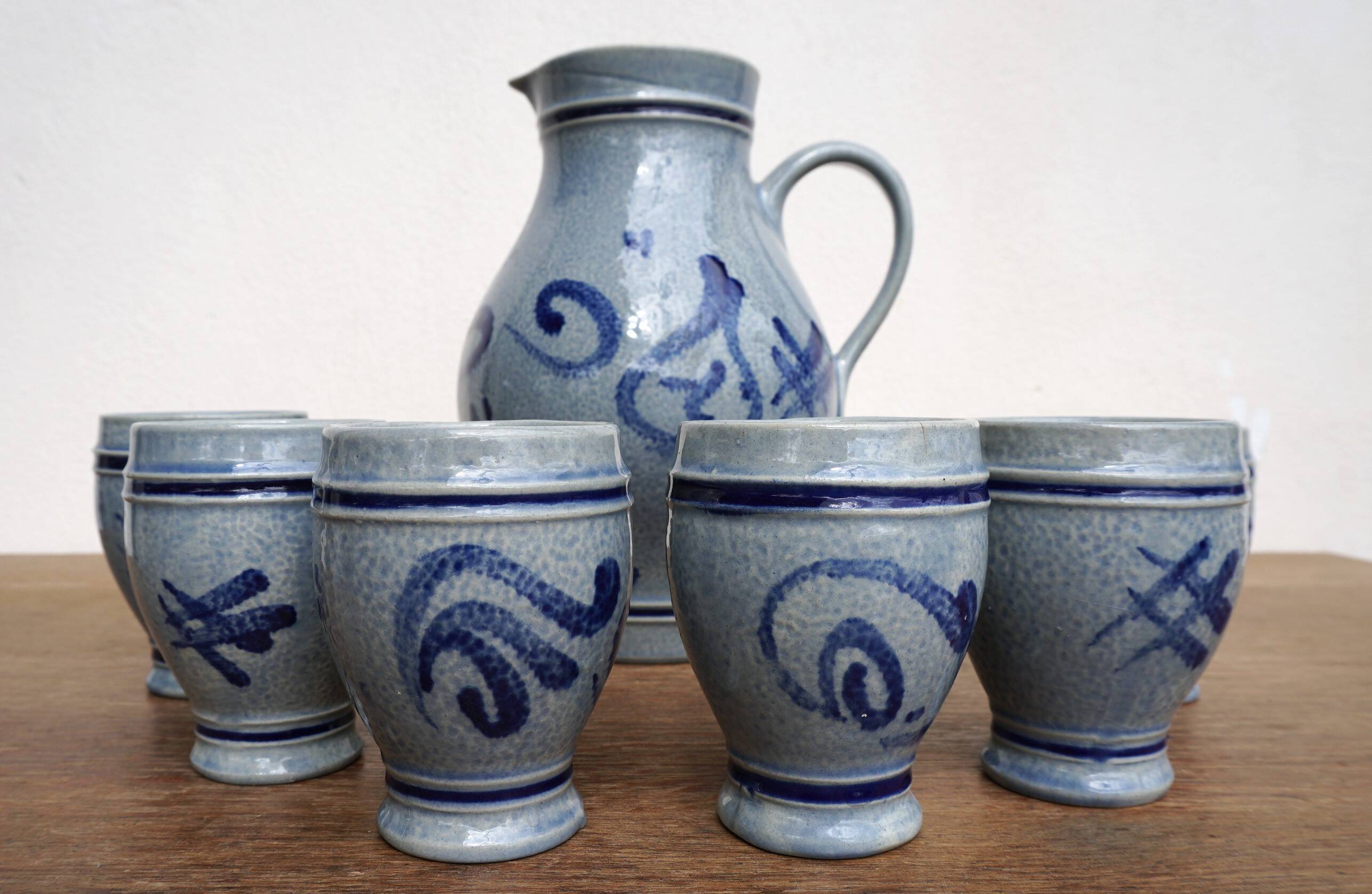 Pitcher and 6 glasses in vintage blue stoneware Marzi & Rémy German pottery