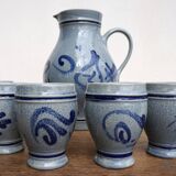 Pitcher and 6 glasses in vintage blue stoneware Marzi & Rémy German pottery