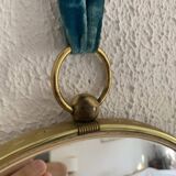 Vintage 1960s witch's eye mirror in turquoise velvet - 24 x 54 cm