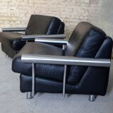 paire de fauteuils, cuir noir & inox, 1990
