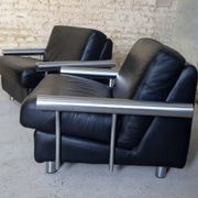 pair of armchairs, black leather & stainless steel, 1990