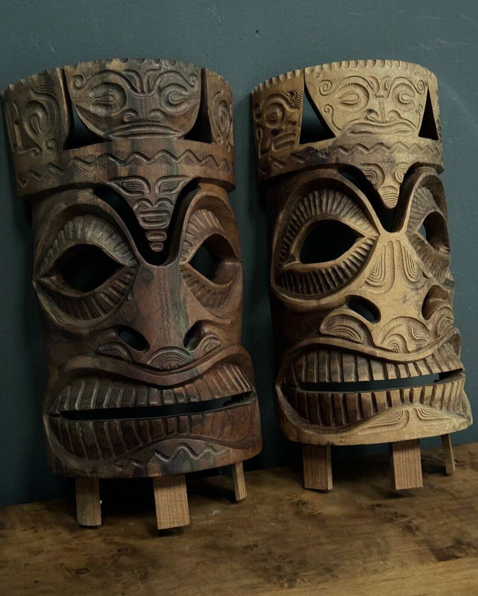 Pair of mid-20th century Africanist statue masks in carved wood