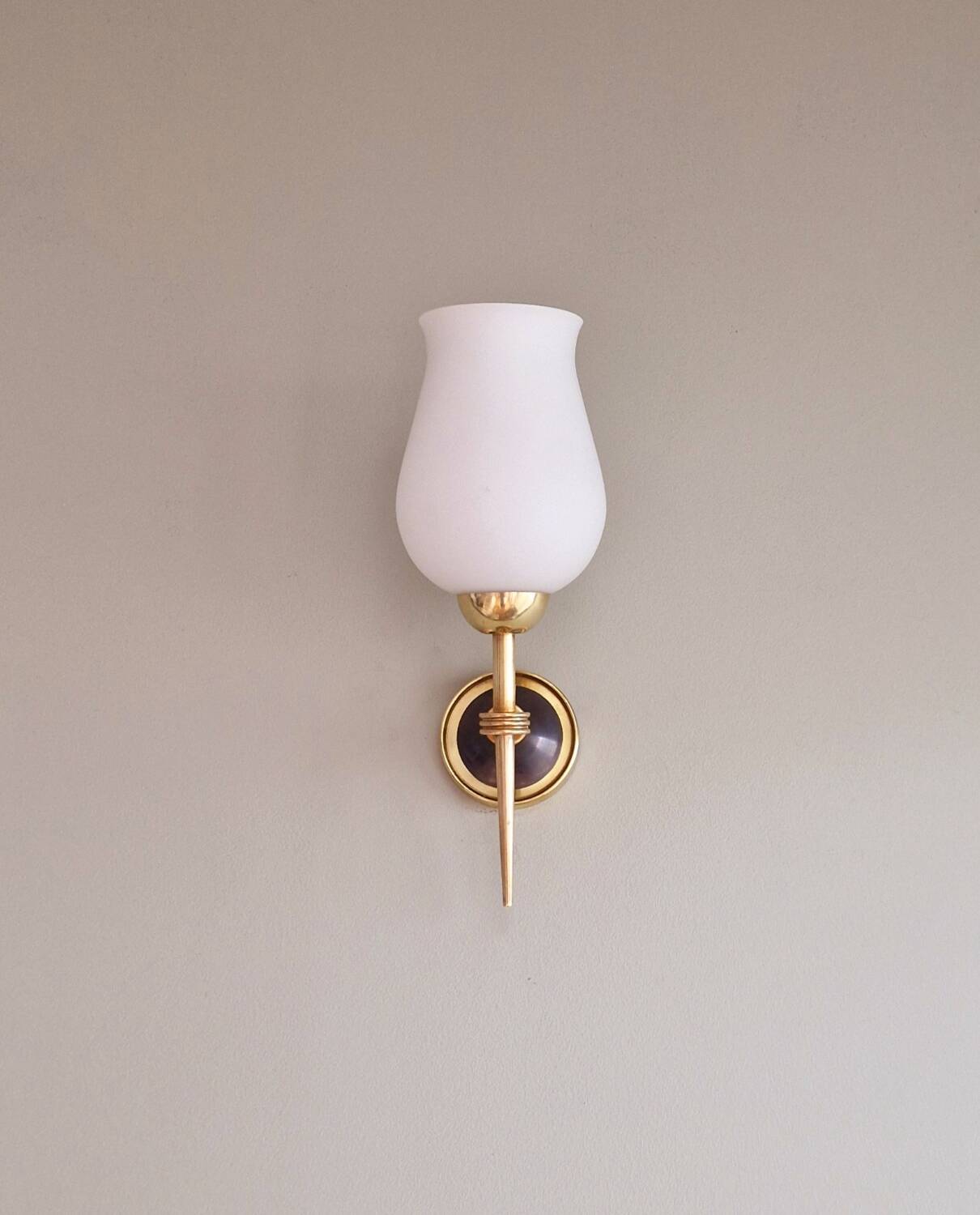 Pair of opaline and brass wall lights, 1950
